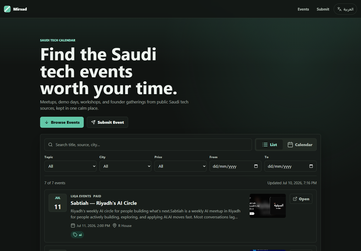 Mirsad application showing its Saudi technology events page